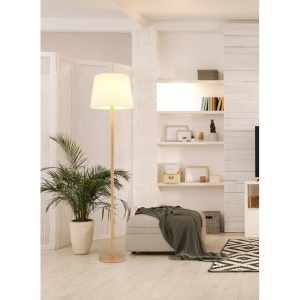 Lampadar de podea metal aspect lemn abajur textil alb JORIS - Img 2