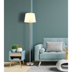 Lampadar de podea metal nickel abajur textil alb JORIS