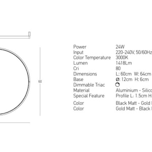 Lustra aplicata LED design inelar Ring auriu, 60cm - Img 3