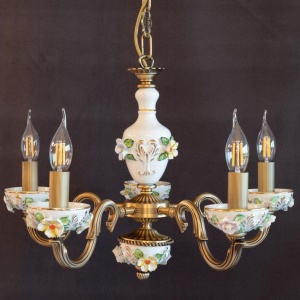 Lustra design italian cu 5 brate din alama si portelan colorat 9951