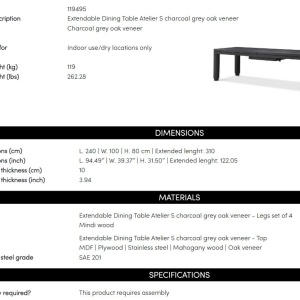 Masa extensibila LUX Gri Carbune Atelier S, 240-310cm - Img 9