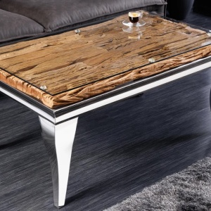 Masuta de cafea, Lemn de Tec, Sticla, Otel Crom, MODERN BAROCK BARRACUDA 100cm - Img 3