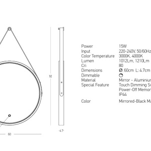 Oglinda baie cu iluminat LED 15W 3000K-4000K IP44 negru - Img 4