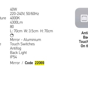 Oglinda baie cu iluminat LED MIRROR 40W 4000K SQUARE 166778 universul-luminii.ro