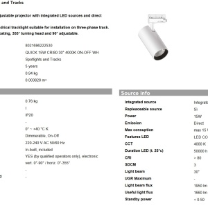 Spot directionabil pentru sina Link QUICK 15W CRI80 30 grade 4000K ON-OFF WH 106278 universul-luminii.ro
