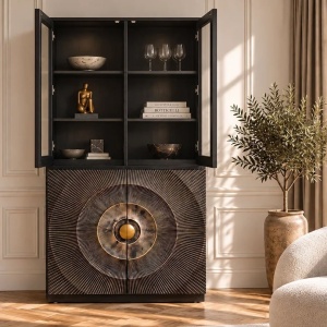 Vitrina design vintage GOLDEN SUNSET 180cm lemn negru/ auriu - Img 5