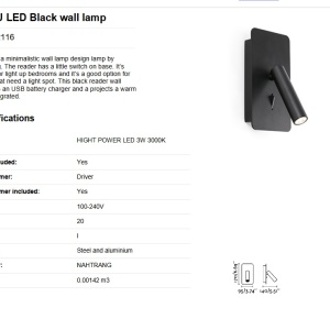 Aplica cu reader LED minimalista cu USB charger SUAU Black 56119 universul-luminii.ro