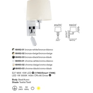 Aplica cu reader LED stil clasic design elegant ARTIS crom/bej 92149 universul-luminii.ro