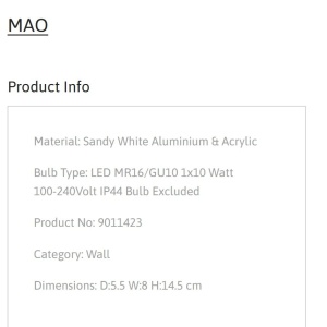 Aplica de perete baie, protectie IP44, MAO, NVL-9011423 247669 universul-luminii.ro