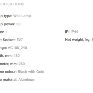 Aplica de perete exterior cu protectie IP44, Fleur negru cu auriu 100889 universul-luminii.ro
