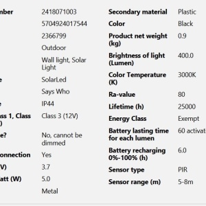Aplica LED solara de exterior cu senzor de miscare IP44 Justina negru 219599 universul-luminii.ro