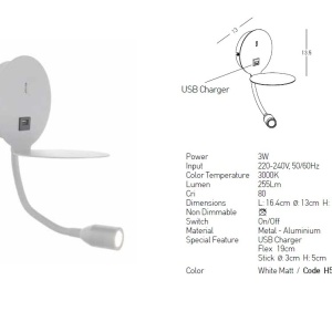 Aplica moderna cu suport, USB Charger, brat flexibil cu reader LED Hotel 154989 universul-luminii.ro