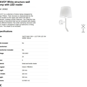 Aplica perete cu reader LED moderna design elegant SAVOY alba 84059 universul-luminii.ro