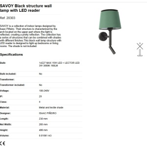 Aplica perete cu reader LED moderna design elegant SAVOY negru/verde 84069 universul-luminii.ro