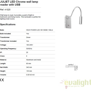 Aplica perete LED cu reader si USB charger JULIET 41025 55949 universul-luminii.ro