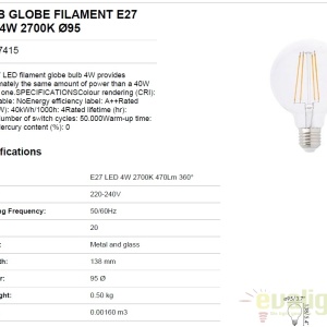 Bec LED decorativ Globe FILAMENT E27 4W 2700K 17415 45059 universul-luminii.ro