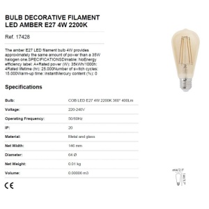 Bec LED E27 DECORATIV FILAMENT AMBER 4W 2200K 17428 47979 universul-luminii.ro
