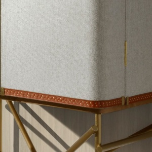 Bufet inalt LUX design italian, Tesatura gri deschis, Piele, Metal Golden - Img 7