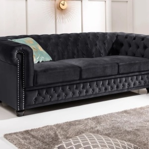 Canapea clasica stil englezesc Chesterfield 3 locuri, catifea neagra - Img 3