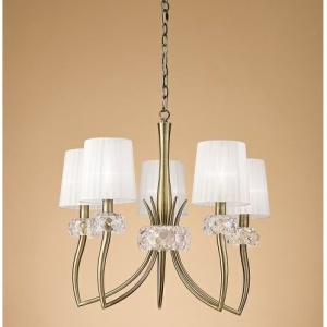 Candelabru clasic cu 5 brate LOEWE antique brass/ abajur alb 130879 universul-luminii.ro