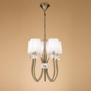 Candelabru clasic cu 5 brate LOEWE antique brass/ abajur alb 219809 universul-luminii.ro