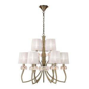 Candelabru clasic cu 9 brate LOEWE antique brass/ abajur alb