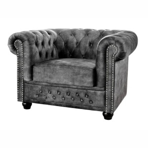 Fotoliu clasic stil englezesc Chesterfield, catifea gri antic - Img 8