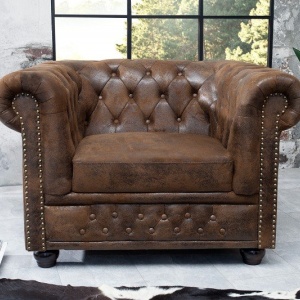 Fotoliu clasic stil englezesc Chesterfield maro antic - Img 3