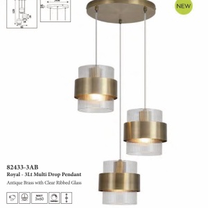 Lustra cu 3 pendule din metal alama antic si sticla canelata Royal - Img 5