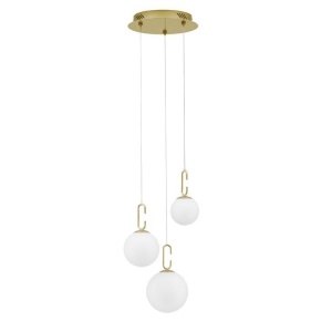 Lustra LED cu 3 pendule, dimabila, design modern Hook auriu, opal alb 39cm