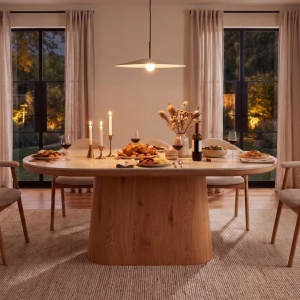 Masa dining ovala Ceramica travertin, Furnir stejar, UNIQUE 200cm