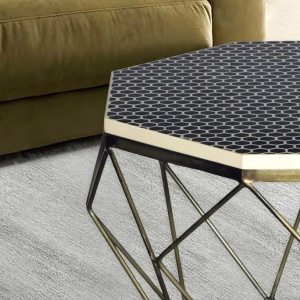 Masuta de cafea rotunda, Mozaic incrustat, Alb-Negru, DIAMOND BONE INLAY 70cm - Img 6
