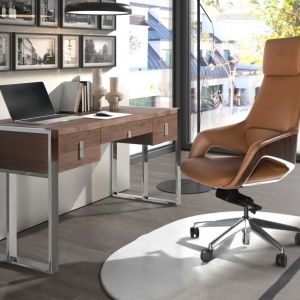 Scaun de birou modern piele sintetica si furnir de nuc Brown - Img 7