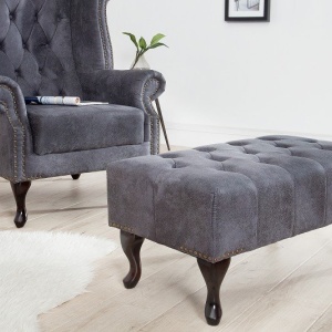Taburet/ Suport picioare clasic stil englezesc Chesterfield gri antic - Img 4