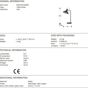 Veioza/Lampa de masa din metal design moderm Irias negru/cupru 192139 universul-luminii.ro