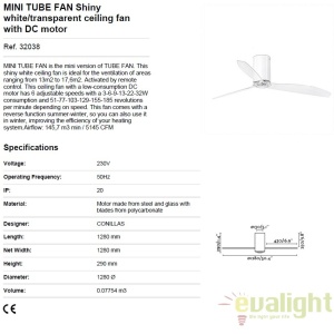 Ventilator de tavan modern cu telecomanda MINI TUBE FAN ab lucios/transparent 32038 52119 universul-luminii.ro