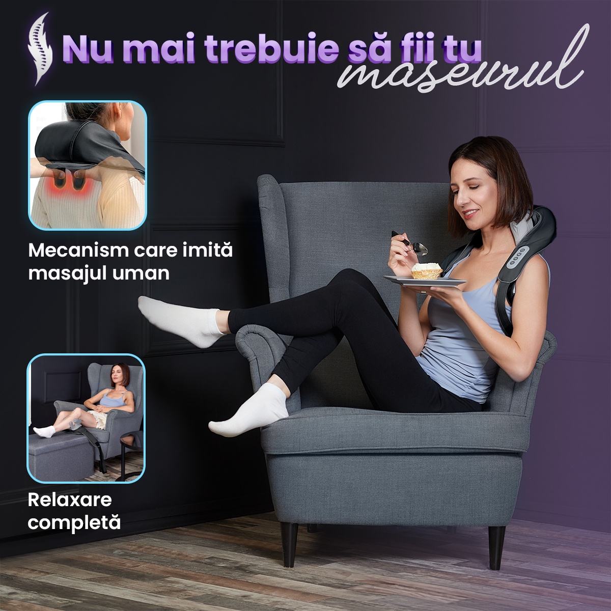 Aparat Masaj Cervical Hands-Free Suporto pentru Relaxare Musculara, Rola de Masat Shiatsu 5D care Imita Masajul Uman, Functie Incalzire, Reduce Stresul si Oboseala, Amelioreaza Durerile pentru Gat, Umeri si Spate, Intensitate Reglabila, Negru - 3 | YEO