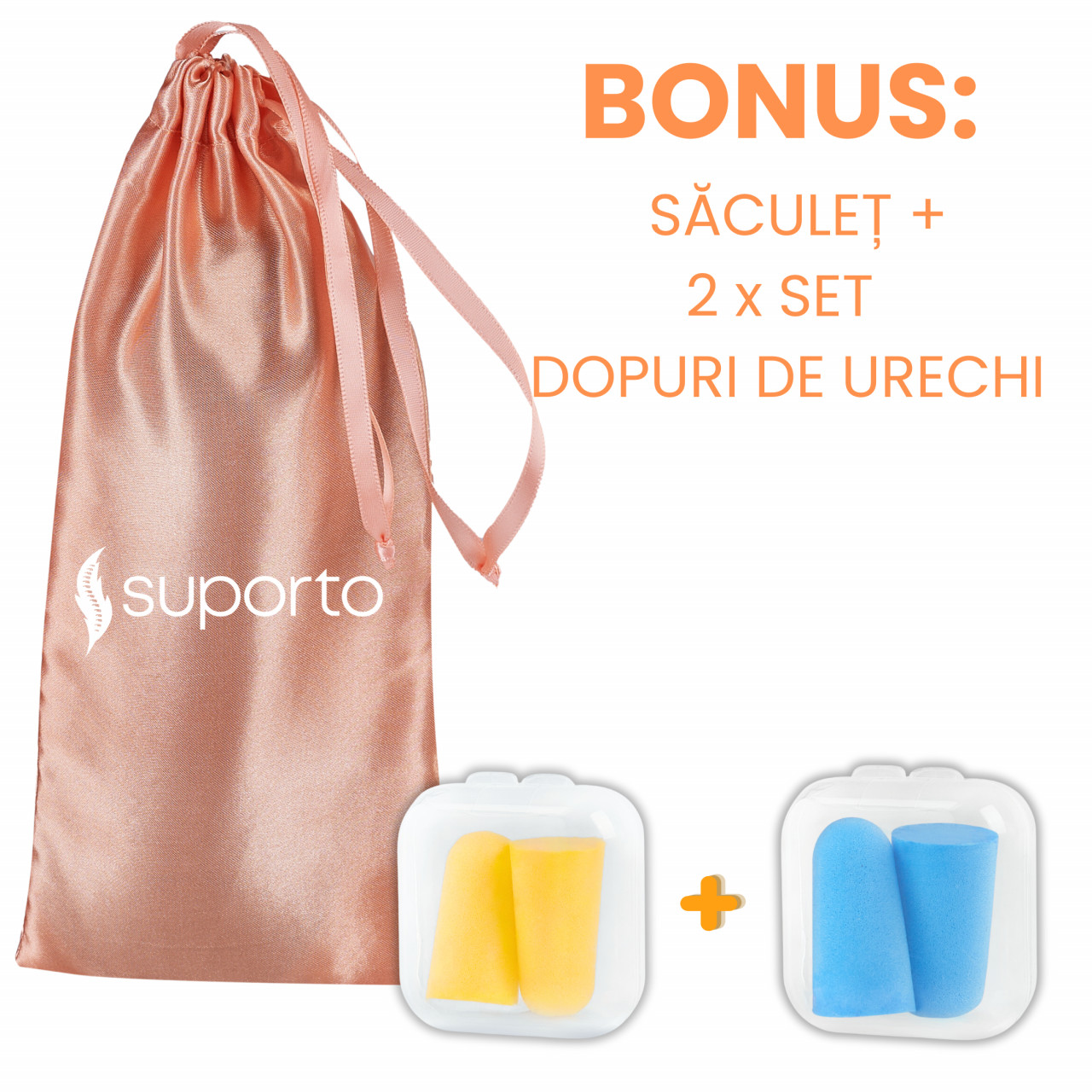 Masca de dormit Suporto 3D cu saculet Roz Peach, masca de somn premium, reglabila, blochează lumina în totalitate, cu 2 seturi de dopuri de urechi incluse. - 1 | YEO