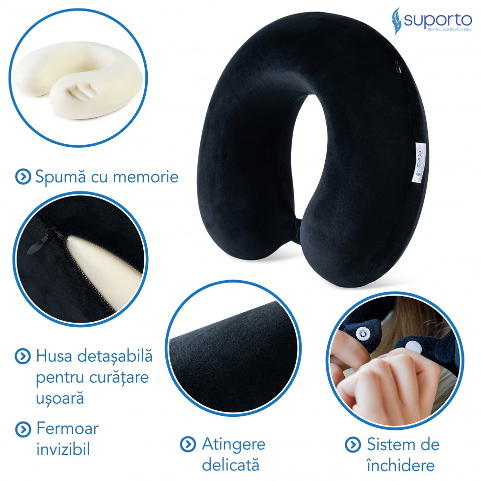 Perna pentru gat Suporto Travel Clasica, Potrivita pentru Calatorii cu Avion, Tren, Masina, din spuma cu memorie, Neagra - 2 | YEO