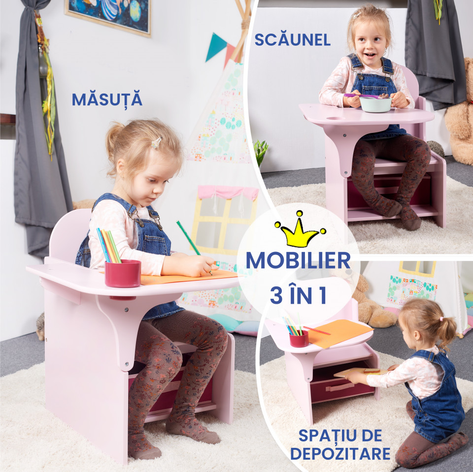 Set Masuta Cu Scaun Incorporat pentru Copii, 3 In 1, Din Lemn Mdf, Varsta 3-6 ani Roz - 3 | YEO