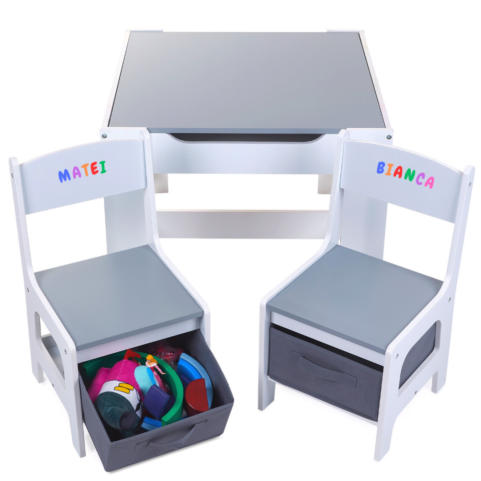 Set Masuta cu scaune pentru copii din Lemn Mdf 3 in 1, Tabla De Scris, Desenat, Colorat, Depozitare, Varsta 3-6 Ani, Alb cu Gri