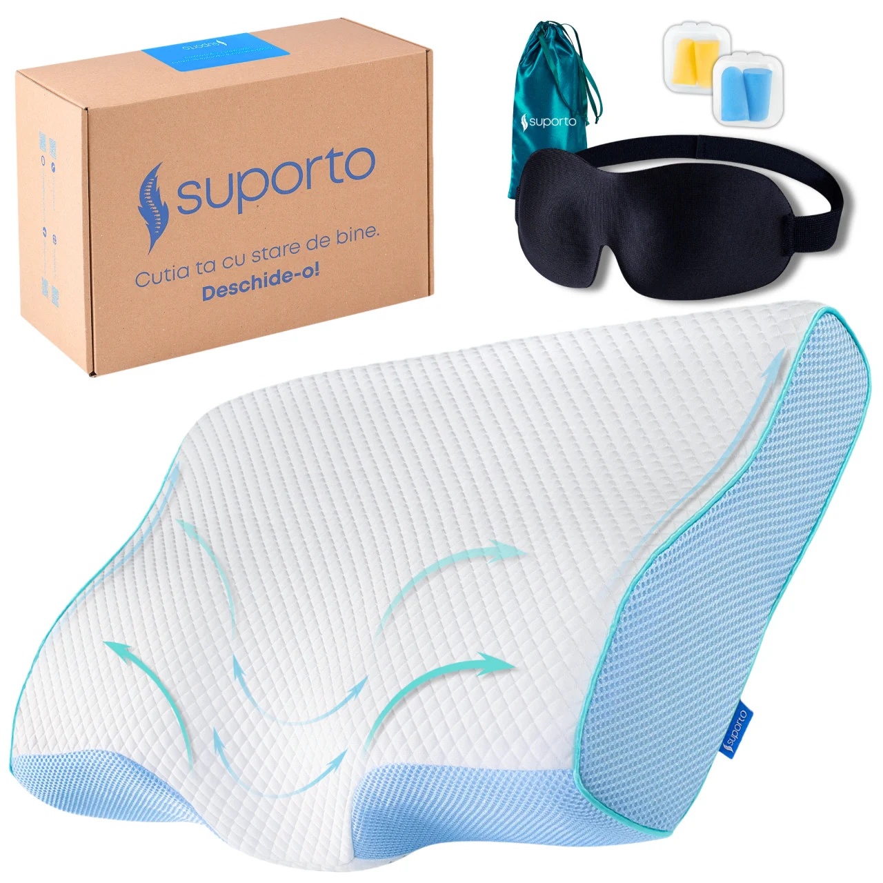 Set Perna Cervicala Anatomica si Ortopedica Albastra + Masca de dormit Suporto 3D cu saculet Verde Smarald, pachet pentru ochi obositi si un somn confortabil.