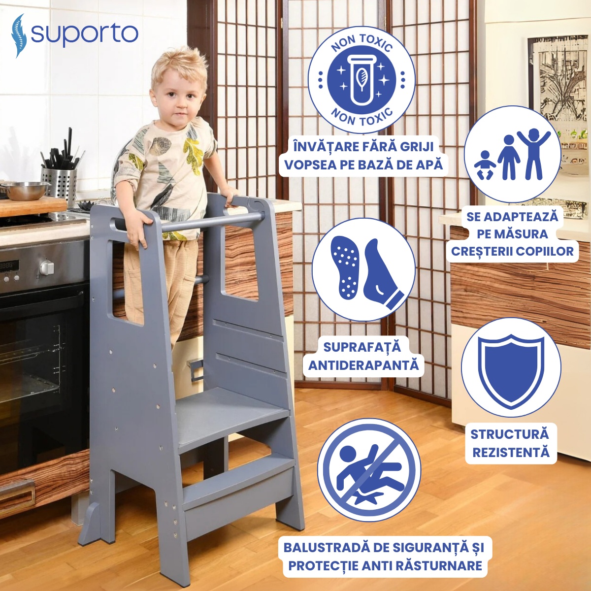 Turn de Invatare pentru Copii - Inaltator de tip Learning Tower cu Treapta de urcare antiderapanta si Balustrade de Protectie - Suporto - 1 | YEO