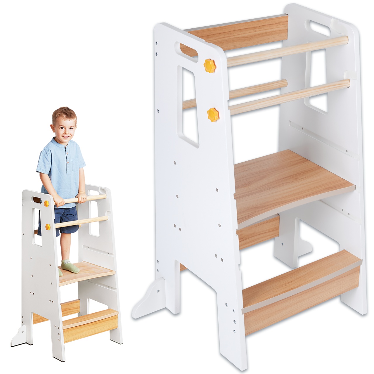Turn de Invatare tip Learning tower pentru Copii Suporto, Rol de Inaltator cu Treapta de urcare reglabila antiderapanta si Balustrade de Protectie, Alb / Maro