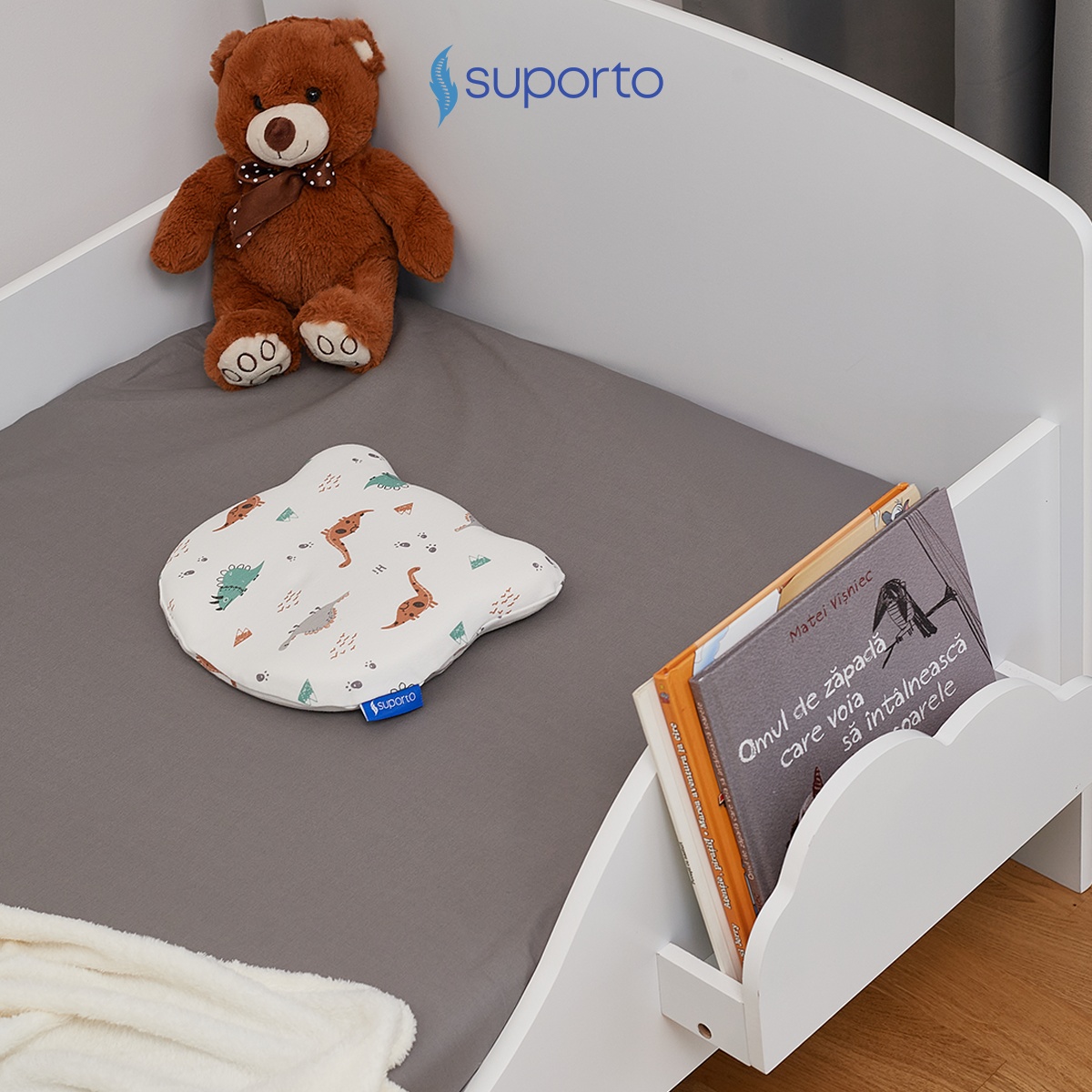 HUSA de schimb / Fata de perna - pentru Perna Bebelus Suporto Ursulet impotriva Plagiocefaliei - Bumbac 100%, Alba, Model cu Dinozauri - 3 | YEO