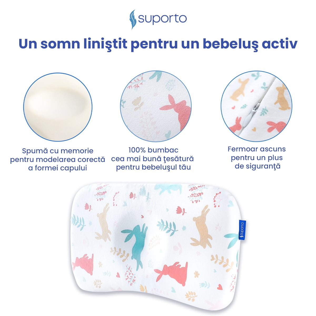 Perna pentru bebelusi ortopedica | Perna nou nascuti 8-24 luni | Impotriva plagiocefaliei - Model Iepurasi - 1 | YEO