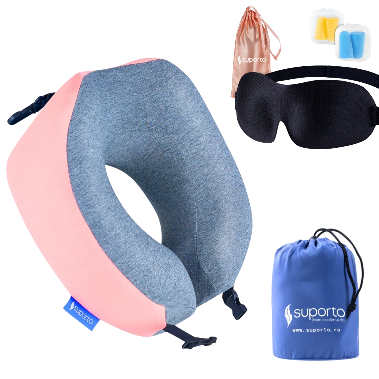 Set Perna de calatorie Suporto Travel Companion. Perna voiaj din spuma cu memorie, Roz + Masca de dormit Suporto 3D cu saculet Roz Peach, Pachet pentru ochi obositi si un somn odihnitor