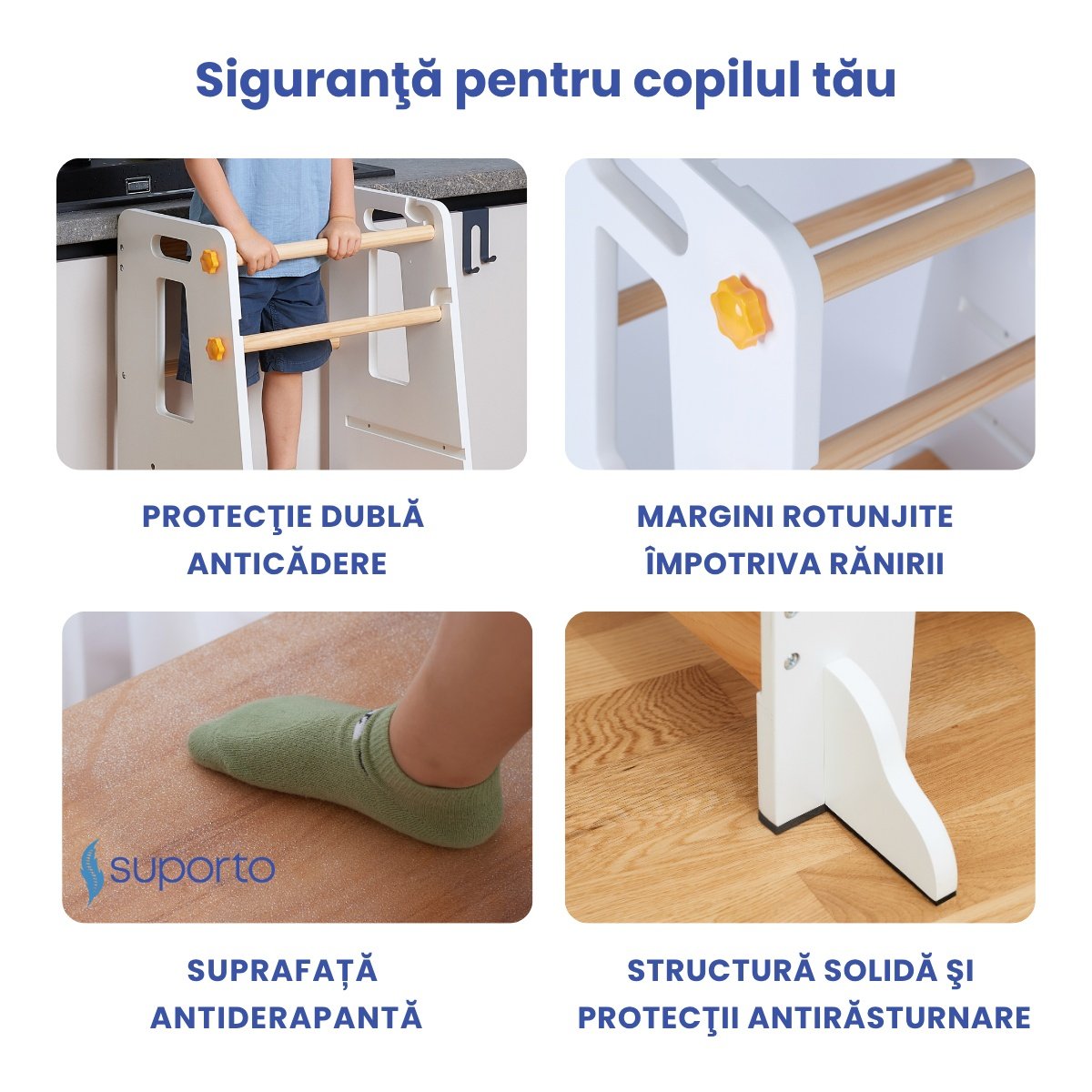 Turn de Invatare tip Learning tower pentru Copii Suporto, Rol de Inaltator cu Treapta de urcare reglabila antiderapanta si Balustrade de Protectie, Alb / Maro - 3 | YEO