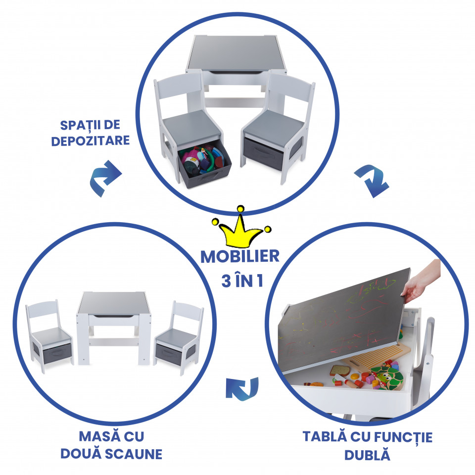 Set Masuta cu scaune pentru copii din Lemn Mdf 3 in 1, Tabla De Scris, Desenat, Colorat, Depozitare, Varsta 3-6 Ani, Alb cu Gri - 1 | YEO