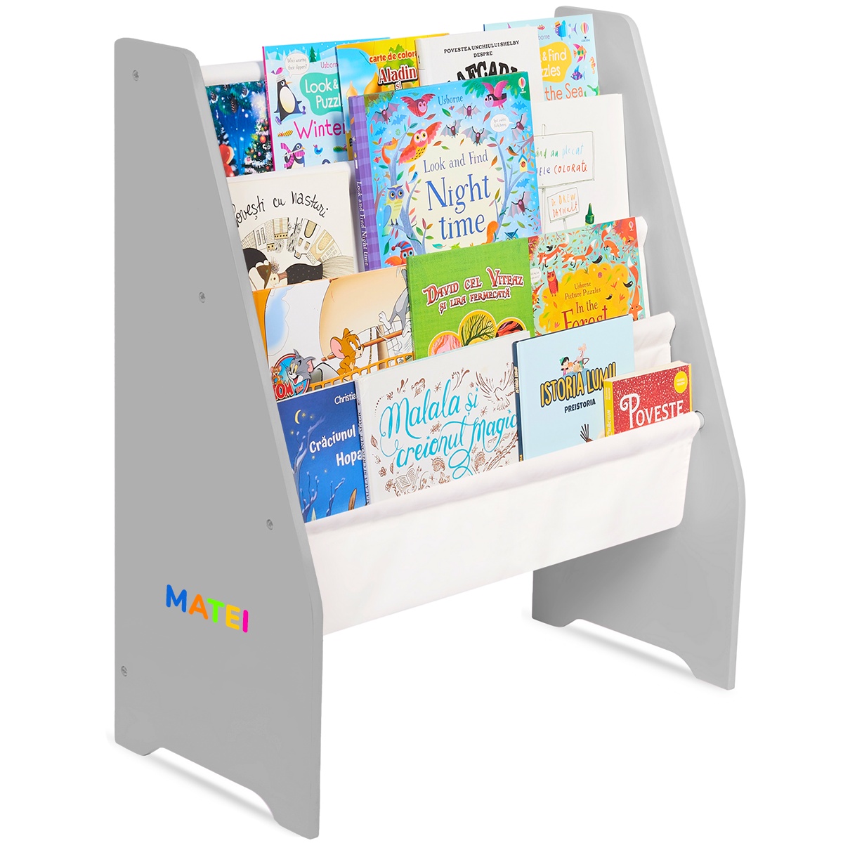 Raft de Carti pentru Copii Suporto, Organizator cu etajere din textil, pentru depozitare jucarii, carti si caiete. Mobilier din Lemn MDF, 71.5 x 62 x 30 cm, Gri